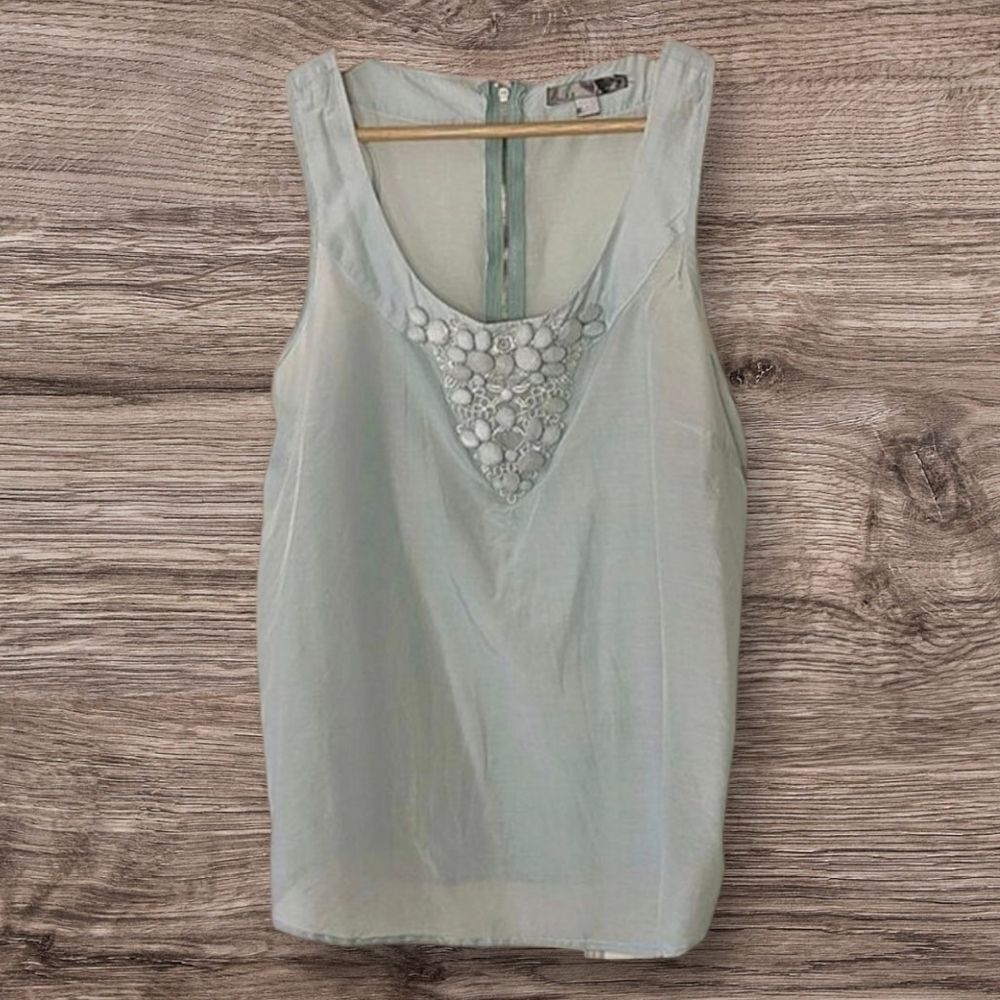 Love 21 Vintage Seafoam Green Silk Embellished Neckline Tank Top size L
